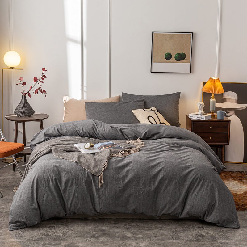 Janlive Washed Cotton Duvet Cover Oueen Ultra Soft 100% Cotton Solid Color Gray Duvet Cover Set with Zipper Closure -3 Pieces Grey Queen - Image 1